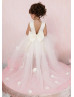 Ivory 3D Flowers Tulle Flower Girl Dress With Removable Train